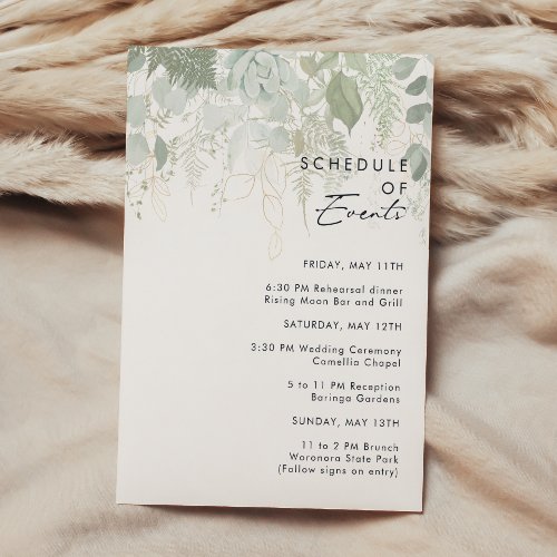 Greenery and Gold Leaf Schedule of Events Enclosure Card