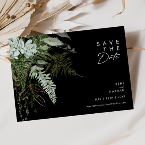 Greenery and Gold Leaf Script Black Horizontal Save The Date