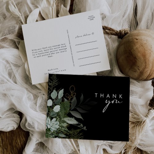 Greenery and Gold Leaf Script Black Thank You Postcard