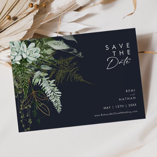 Greenery and Gold Leaf Script Dark Navy Horizontal Save The Date