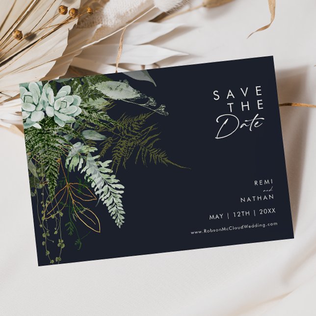 Greenery and Gold Leaf Script Dark Navy Horizontal Save The Date (Creator Uploaded)