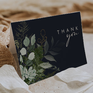 Greenery and Gold Leaf Script Dark Navy Letterpress Thank You Card