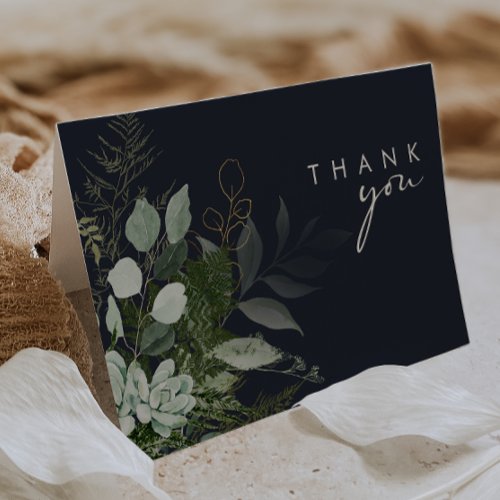 Greenery and Gold Leaf Script  Dark Navy Thank You Card