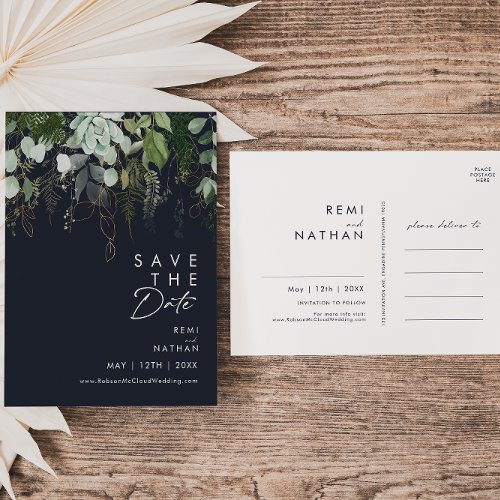 Greenery and Gold leaf Script Navy Save The Date Invitation Postcard