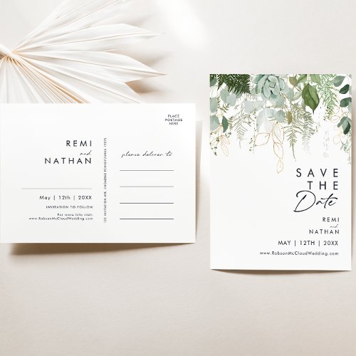 Greenery and Gold leaf Script Save The Date Invitation Postcard