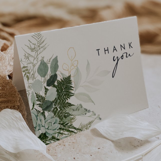 Greenery and Gold Leaf Script Thank You Card (Creator Uploaded)