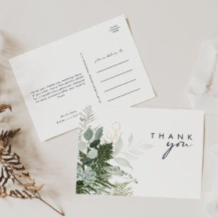 Greenery and Gold Leaf Script Wedding Thank You Postcard