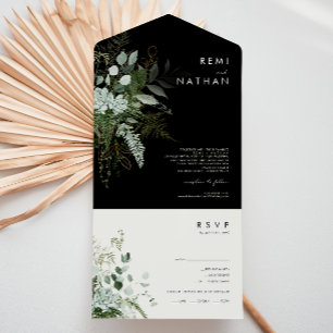 Greenery and Gold Leaf Simple Black Seal and Send All In One Invitation