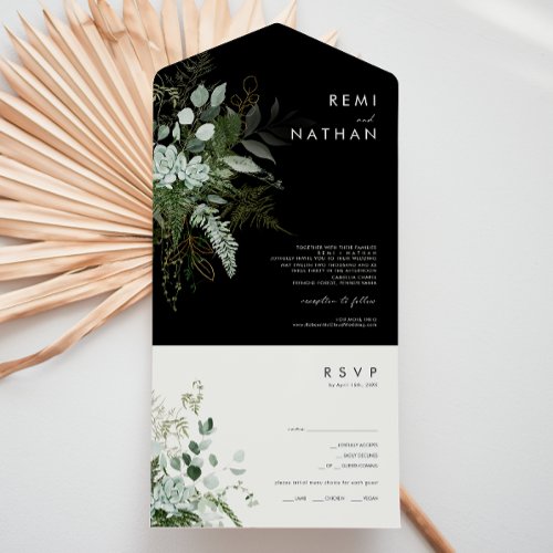 Greenery and Gold Leaf Simple Black Seal and Send All In One Invitation