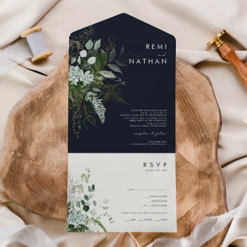 Greenery and Gold Leaf Simple Navy Seal and Send All In One Invitation