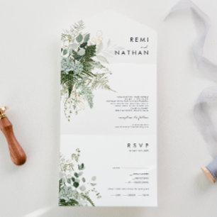 Greenery and Gold Leaf Simple Seal And Send All In One Invitation