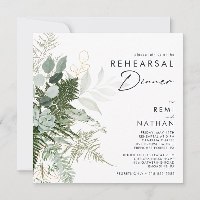 Greenery and Gold Leaf Square Rehearsal Dinner Invitation (Front)