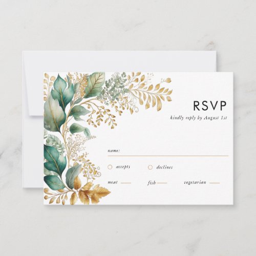 Greenery and Gold Leaf Square Sage RSVP Card
