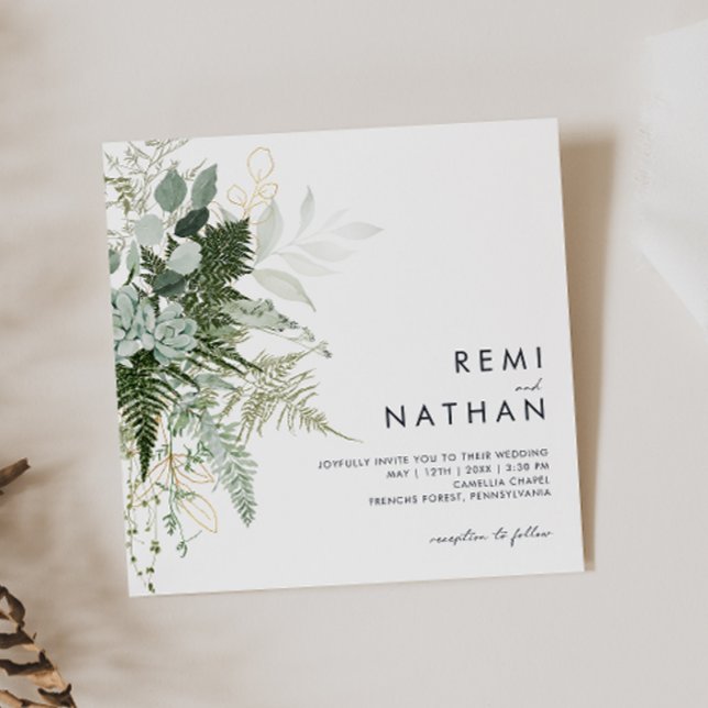 Greenery and Gold Leaf Square Wedding Invitation (Creator Uploaded)