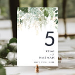 Greenery and Gold Leaf Table Number<br><div class="desc">We designed this greenery and gold leaf table number to complete your simple yet elegant boho wedding. It features modern green and white eucalyptus leaf, fern foliage, a succulent flower, and minimal gold foil leaves. These elements give the feel of a whimsical watercolor enchanted forest, perfect for any rustic, bohemian...</div>