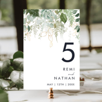 Greenery And Gold Leaf Table Number by SongbirdandSage at Zazzle
