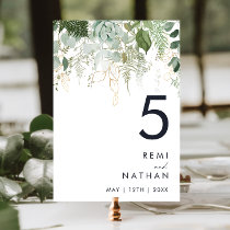 Greenery and Gold Leaf Table Number