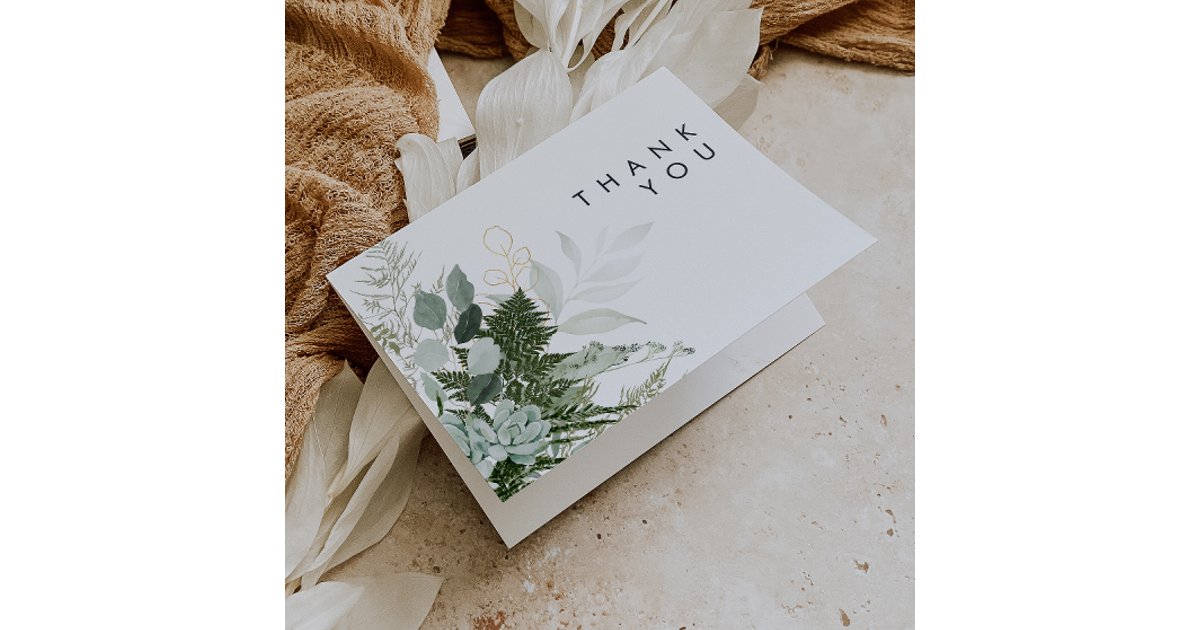 Greenery and Gold Leaf Thank You Card | Zazzle