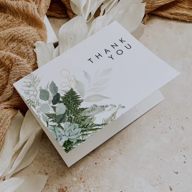 Greenery and Gold Leaf Thank You Card | Zazzle