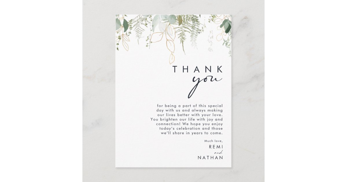 Greenery and Gold Leaf Thank You Reception Card | Zazzle
