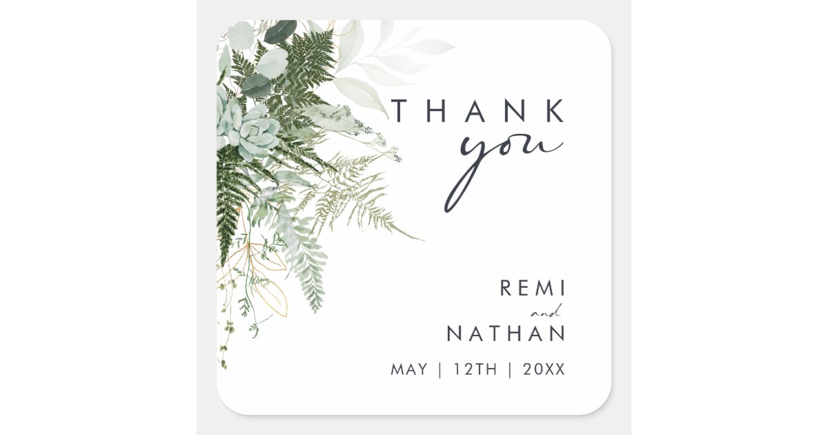 Greenery and Gold Leaf Thank You Wedding Sticker | Zazzle
