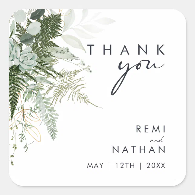 Greenery and Gold Leaf Thank You Wedding Sticker | Zazzle