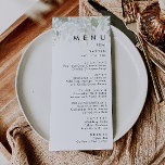Greenery and Gold Leaf Wedding Dinner Menu<br><div class="desc">We designed this greenery and gold leaf wedding dinner menu to complete your simple yet elegant boho wedding. It features modern green and white eucalyptus leaf, fern foliage, a succulent flower, and minimal gold foil leaves. These elements give the feel of a whimsical watercolor enchanted forest, perfect for any rustic,...</div>