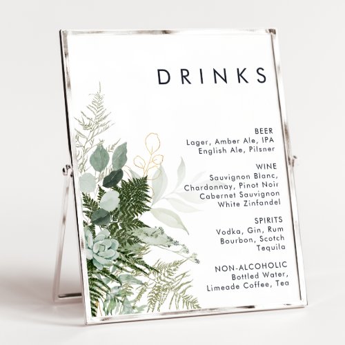 Greenery and Gold Leaf Wedding Drinks Menu Poster