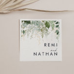 Greenery and Gold Leaf Wedding Napkins<br><div class="desc">We designed these greenery and gold leaf wedding napkins to complete your simple yet elegant boho reception. It features modern green and white eucalyptus leaf, fern foliage, a succulent flower, and minimal gold foil leaves. These elements give the feel of a whimsical watercolor enchanted forest, perfect for any rustic, bohemian...</div>