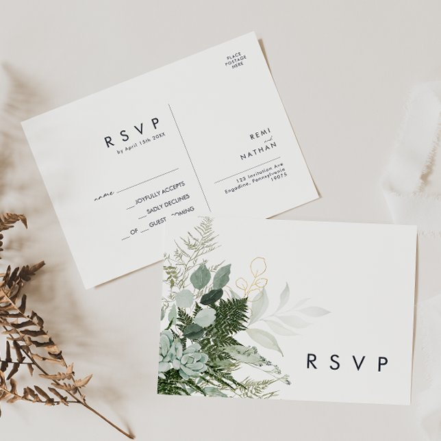 Greenery and Gold Leaf Wedding RSVP Postcard (Creator Uploaded)