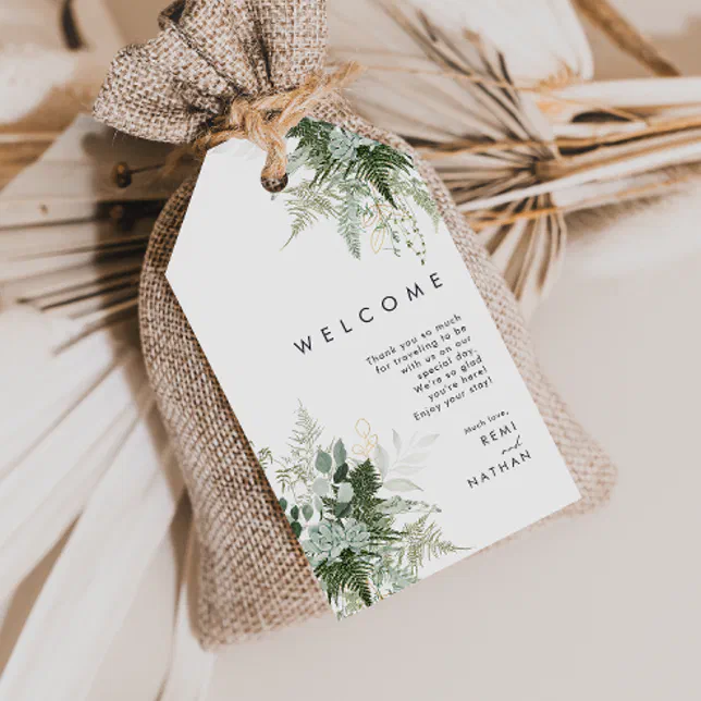 Greenery and Gold Leaf Wedding Welcome Gift Tags | Zazzle