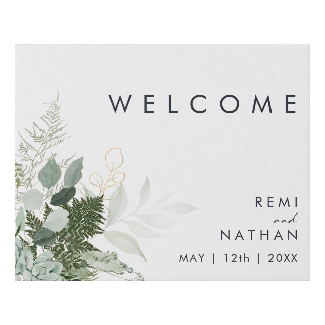 Greenery and Gold Leaf Welcome Faux Canvas Print (Front)