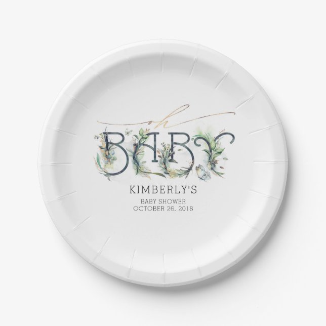 Greenery and Gold Leaves Baby Shower Paper Plates (Front)