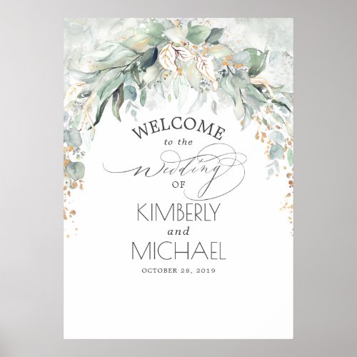 Greenery and Gold Leaves Dreamy Wedding Welcome Poster