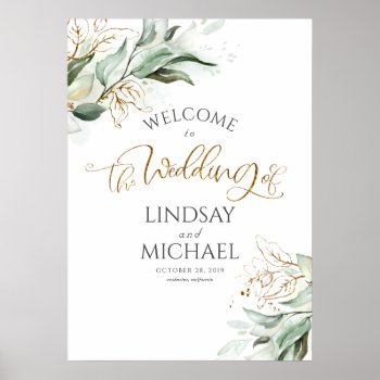 Greenery And Gold Leaves Dreamy Wedding Welcome Poster by lovelywow at Zazzle