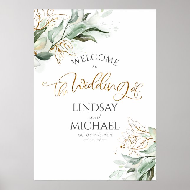 Greenery and Gold Leaves Dreamy Wedding Welcome Poster (Front)