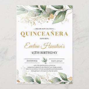 Greenery and gold leaves eucalyptus quinceanera invitation