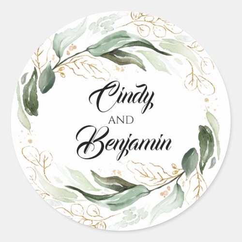 Greenery and Gold Leaves Eucalyptus Wedding Classic Round Sticker