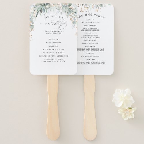 Greenery and Gold Leaves Wedding Program Hand Fan