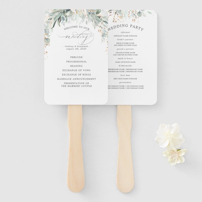 Greenery and Gold Leaves Wedding Program Hand Fan (Front and Back)