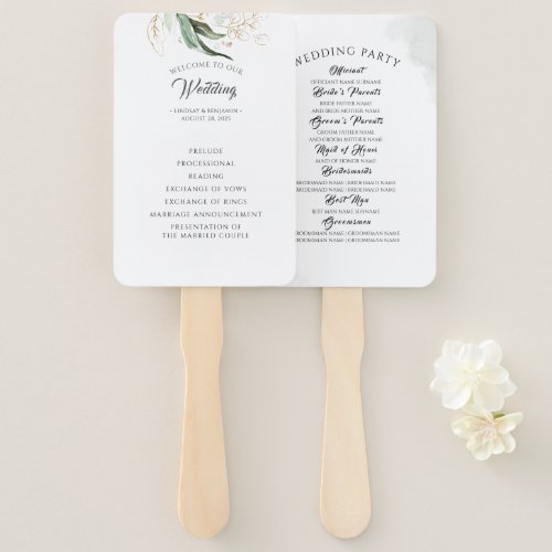 Greenery and Gold Leaves Wedding Program Hand Fan