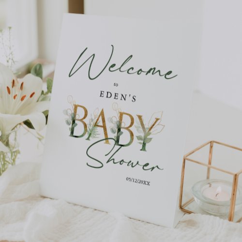 Greenery and Gold Lettering Baby Shower Welcome Pedestal Sign