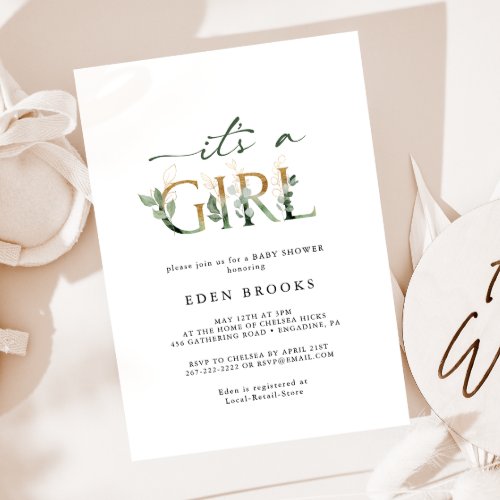 Greenery and Gold Lettering Its A Girl Baby Shower Invitation