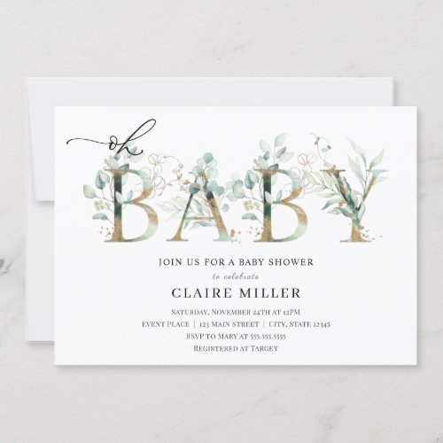 Greenery and Gold Letters Oh Baby Shower Invitation