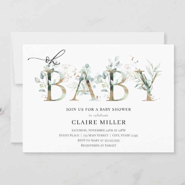 Greenery and Gold Letters Oh Baby Shower Invitation (Front)
