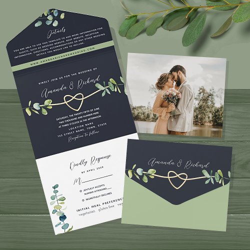 Greenery and Gold Navy Blue Wedding All In One Invitation