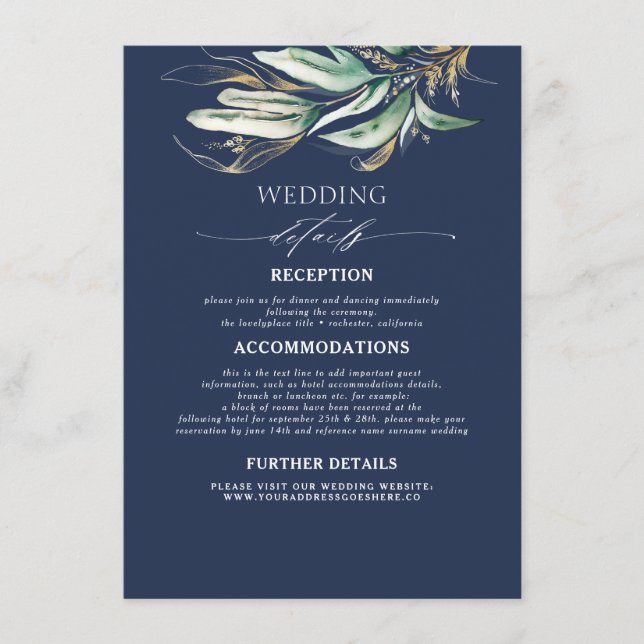 Greenery and Gold Navy Blue Wedding Details Enclosure Card (Front)