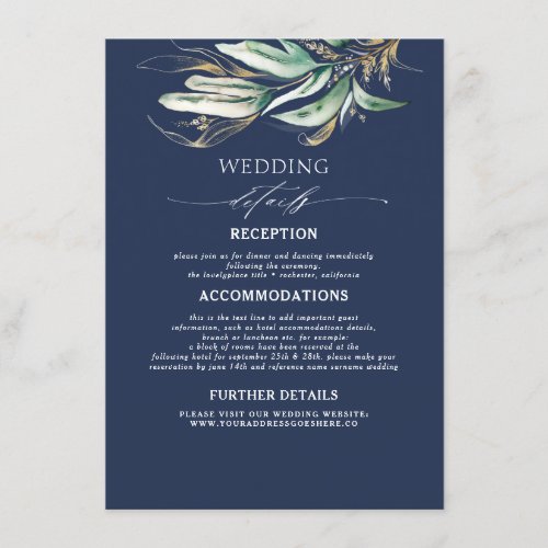 Greenery and Gold Navy Blue Wedding Details Enclosure Card