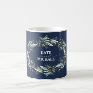 Greenery and Gold Navy Blue Wreath Elegant Coffee Mug