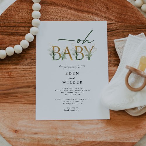 Greenery and Gold Oh Baby Baby Shower Invitation